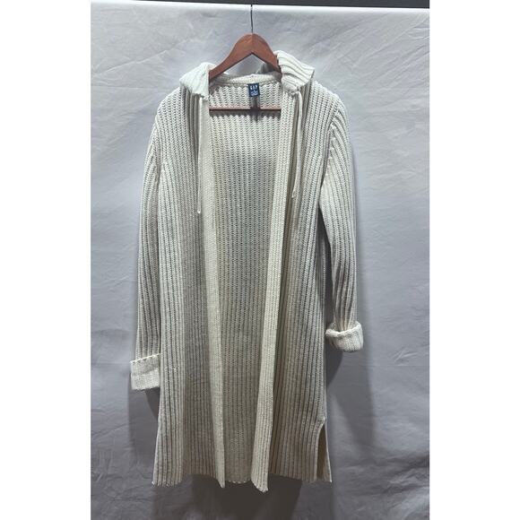 GAP Sweaters - GAP Wool Blend Y2K Chunky Knit Ivory Long Cardigan M Open Front Hooded Duster